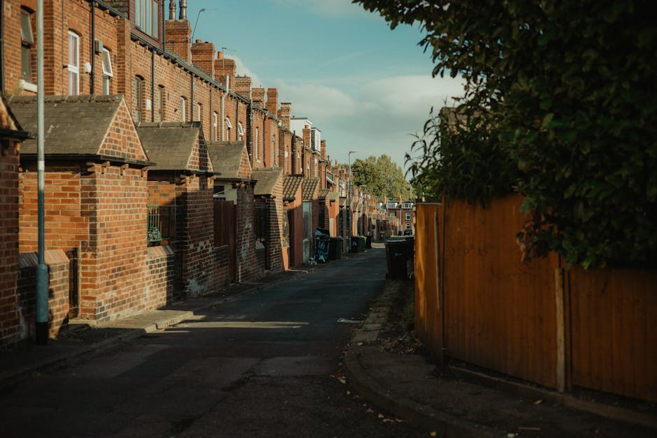 A narrow residential street lined with traditional red-brick terraced houses featuring small gabled roof extensions and chimneys, with manicured front gardens partially obscured by low brick walls. The street is paved with asphalt, showing some shadows cast by the buildings and the late afternoon sunlight. On the right side, there is a tall wooden fence with a natural finish, partially covered by dense greenery, including leafy bushes and trees extending beyond the frame. Several black wheelie bins are placed along the pavement in front of the houses, indicating waste collection points. The scene conveys a quiet, well-maintained urban environment typical of suburban areas, where private rubbish collection services like Rubbish Clearance Catford can provide alternative waste handling solutions for residents seeking additional rubbish removal support outside local authority services. The overall atmosphere is calm, with a partly cloudy sky overhead, contributing to the subtle lighting that highlights the textures of the brickwork, fencing, and foliage.